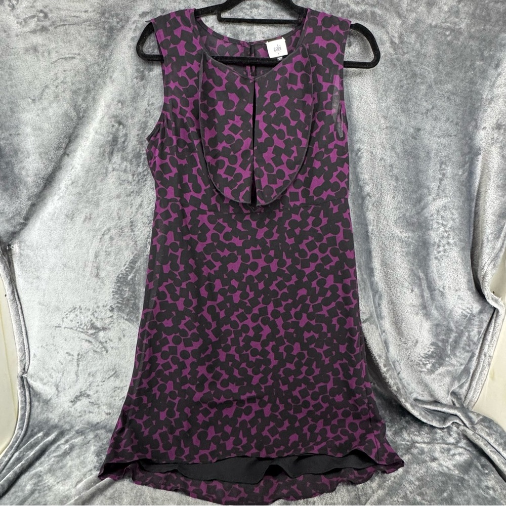 Cabi Sleeveless Sheer Going Out Dress Plum Purple & Black Spotted #3876 Small S